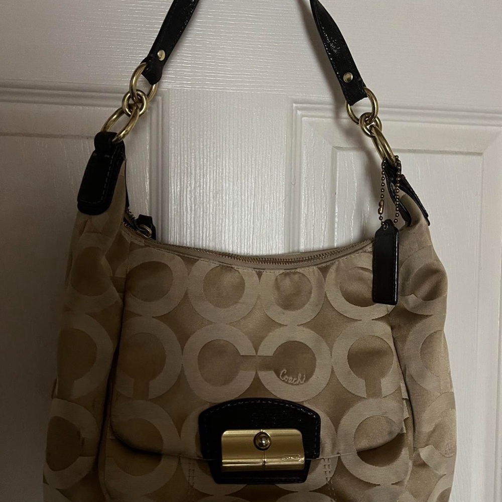 Coach Signature Beige and Black Shoulder Bag